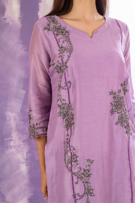 Shop Amethyst Purple Chanderi, Bamboo, Organza Sequins, Embroidery Floral Kurta Pant Set Online at Aza Fashions Shop_Amethyst_Purple Chanderi, Bamboo, Organza Sequins, Embroidery Floral Kurta Pant Set_Online_at_Aza_Fashions