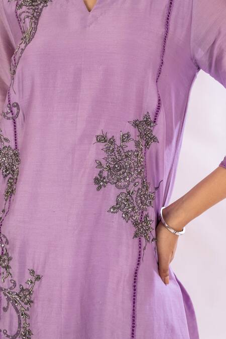 Amethyst Purple Chanderi, Bamboo, Organza Sequins, Embroidery Floral Kurta Pant Set at Aza Fashions Amethyst_Purple Chanderi, Bamboo, Organza Sequins, Embroidery Floral Kurta Pant Set_at_Aza_Fashions
