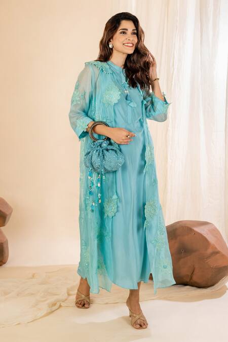 Shop Amethyst Blue Crepe, Organza Embroidery Midi Dress With Floral Applique Cutwork Jacket at Aza Fashions Shop_Amethyst_Blue Crepe, Organza Embroidery Midi Dress With Floral Applique Cutwork Jacket_at_Aza_Fashions