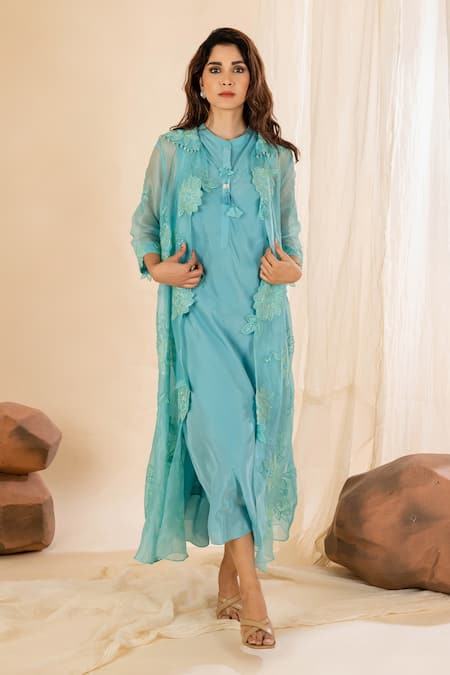 Amethyst Blue Crepe, Organza Embroidery Midi Dress With Floral Applique Cutwork Jacket Online at Aza Fashions Amethyst_Blue Crepe, Organza Embroidery Midi Dress With Floral Applique Cutwork Jacket_Online_at_Aza_Fashions