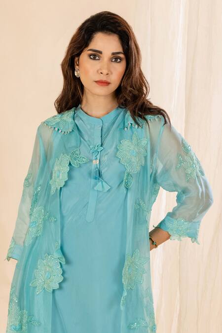 Buy Amethyst Blue Crepe, Organza Embroidery Midi Dress With Floral Applique Cutwork Jacket Online at Aza Fashions Buy_Amethyst_Blue Crepe, Organza Embroidery Midi Dress With Floral Applique Cutwork Jacket_Online_at_Aza_Fashions