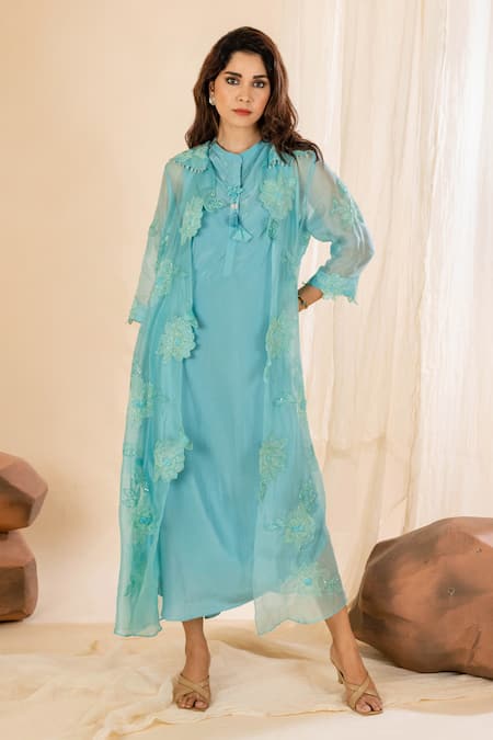 Shop Amethyst Blue Crepe, Organza Embroidery Midi Dress With Floral Applique Cutwork Jacket Online at Aza Fashions Shop_Amethyst_Blue Crepe, Organza Embroidery Midi Dress With Floral Applique Cutwork Jacket_Online_at_Aza_Fashions