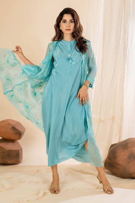 Amethyst Blue Crepe, Organza Embroidery Midi Dress With Floral Applique Cutwork Jacket at Aza Fashions Amethyst_Blue Crepe, Organza Embroidery Midi Dress With Floral Applique Cutwork Jacket_at_Aza_Fashions