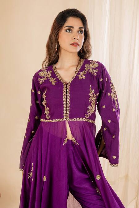 Shop_Amethyst_Purple Chanderi, Organza, Taffeta Sequins, Floral And Thread Kurta Pant Set_Online_at_Aza_Fashions
