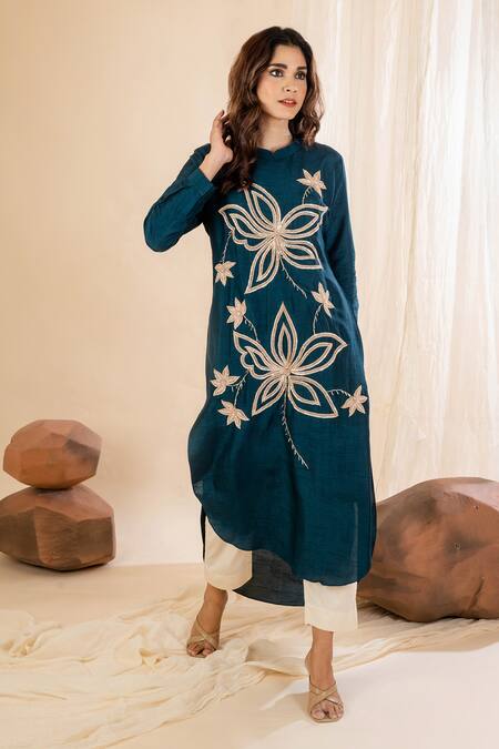 Amethyst Blue Bamboo Sequins, Embroidery Round Neck Floral Kurta And Pant Set at Aza Fashions Amethyst_Blue Bamboo Sequins, Embroidery Round Neck Floral Kurta And Pant Set_at_Aza_Fashions
