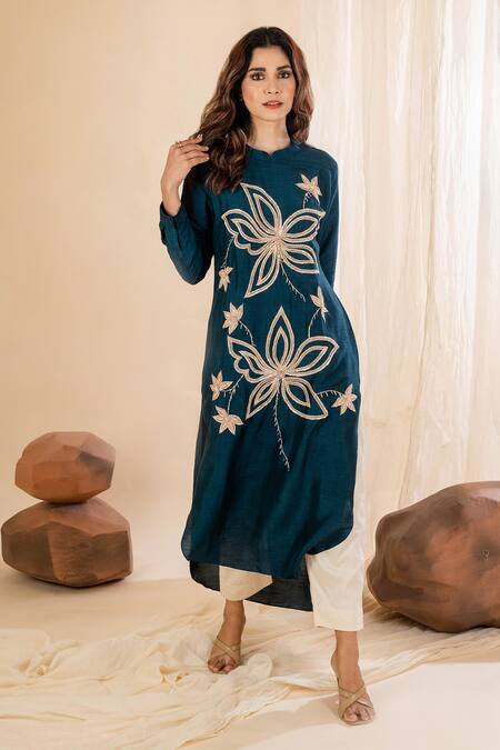 Buy Amethyst Blue Bamboo Sequins, Embroidery Round Neck Floral Kurta And Pant Set Buy_Amethyst_Blue Bamboo Sequins, Embroidery Round Neck Floral Kurta And Pant Set