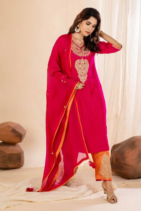 Shop_Amethyst_Pink Chanderi, Silk, Organza Sequins, Embroidery V-neck Paisley Kurta Pant Set_at_Aza_Fashions