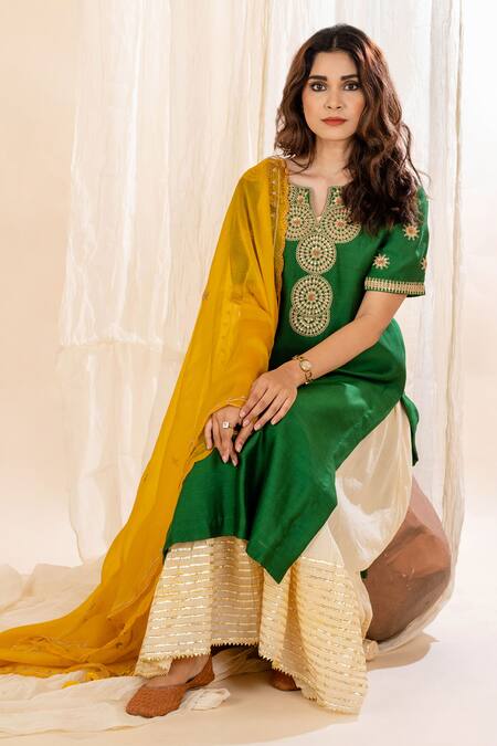 Amethyst Green Chanderi, Organza, Kota Doria Sequins, Circular Motif Kurta Lehenga Set Online at Aza Fashions Amethyst_Green Chanderi, Organza, Kota Doria Sequins, Circular Motif Kurta Lehenga Set_Online_at_Aza_Fashions