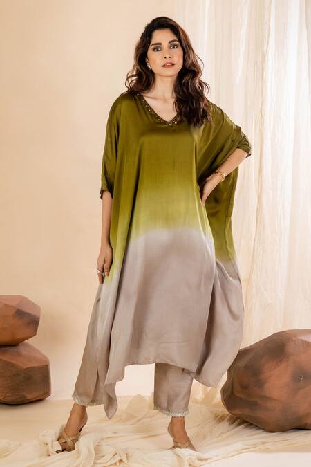 Amethyst_Green Modal, Bamboo V-neck Ombre Kaftan And Pant Set _Online_at_Aza_Fashions