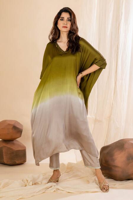 Buy_Amethyst_Green Modal, Bamboo V-neck Ombre Kaftan And Pant Set _Online_at_Aza_Fashions