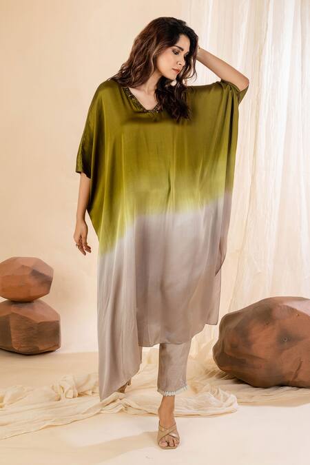 Shop_Amethyst_Green Modal, Bamboo V-neck Ombre Kaftan And Pant Set _Online_at_Aza_Fashions