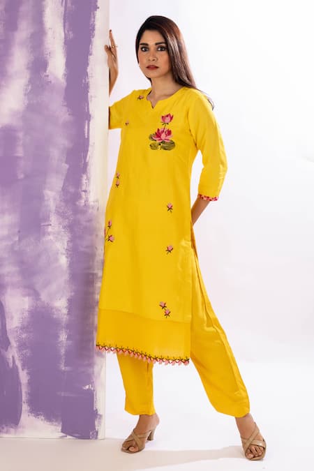 Shop Amethyst Yellow Chanderi, Bamboo Embroidery Split V-neck Floral Thread Kurta Pant Set Online at Aza Fashions Shop_Amethyst_Yellow Chanderi, Bamboo Embroidery Split V-neck Floral Thread Kurta Pant Set_Online_at_Aza_Fashions