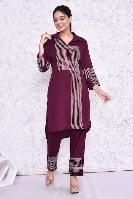 AMETHYST Wine Cotton Embroidered Thread Collared Kurta And Pant Set 