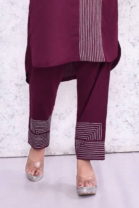 Amethyst_Wine Cotton Embroidery Collared Thread Kurta And Pant Set_Online_at_Aza_Fashions