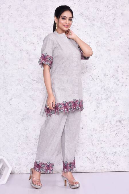 Shop Amethyst Grey Cotton Embroidery Mandarin Collar Cutwork Tunic And Pant Set at Aza Fashions Shop_Amethyst_Grey Cotton Embroidery Mandarin Collar Cutwork Tunic And Pant Set_at_Aza_Fashions
