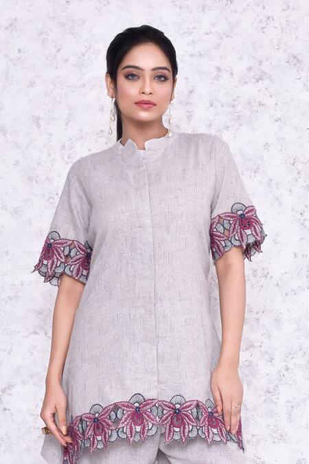 Amethyst Grey Cotton Embroidery Mandarin Collar Cutwork Tunic And Pant Set Online at Aza Fashions Amethyst_Grey Cotton Embroidery Mandarin Collar Cutwork Tunic And Pant Set_Online_at_Aza_Fashions