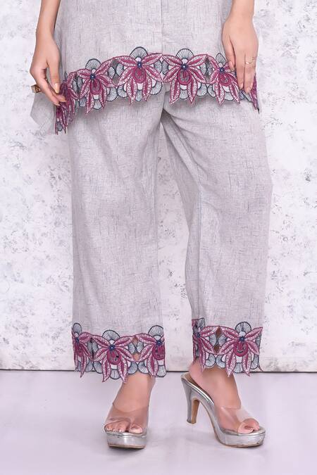 Buy Amethyst Grey Cotton Embroidery Mandarin Collar Cutwork Tunic And Pant Set Online at Aza Fashions Buy_Amethyst_Grey Cotton Embroidery Mandarin Collar Cutwork Tunic And Pant Set_Online_at_Aza_Fashions