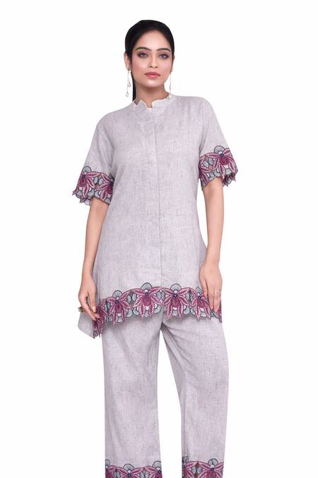 Shop Amethyst Grey Cotton Embroidery Mandarin Collar Cutwork Tunic And Pant Set Online at Aza Fashions Shop_Amethyst_Grey Cotton Embroidery Mandarin Collar Cutwork Tunic And Pant Set_Online_at_Aza_Fashions