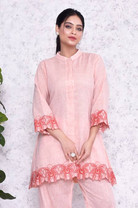 Shop_Amethyst_Pink Cotton Embroidery Mandarin Collar Floral Cutwork Tunic And Pant Set _at_Aza_Fashions