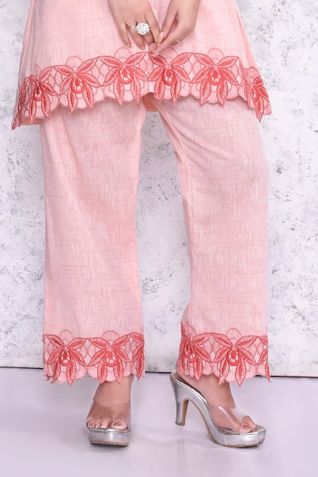 Amethyst_Pink Cotton Embroidery Mandarin Collar Floral Cutwork Tunic And Pant Set _Online_at_Aza_Fashions