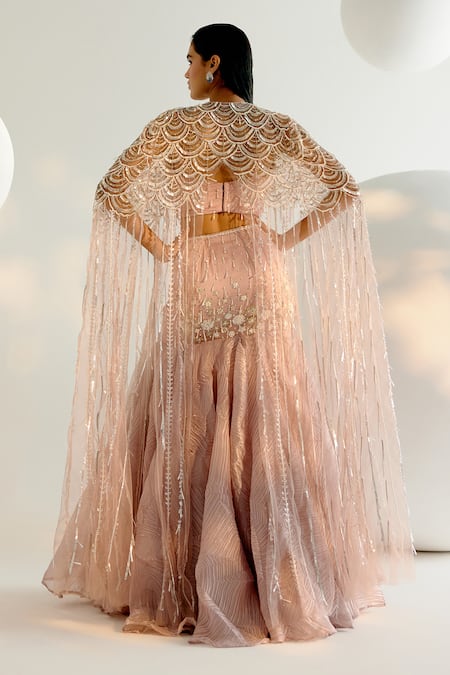 Shop_Shashank Arya_Pink Satin, Tulle Sequins, Pearls, Crystals Embellished Cape Lehenga Set _at_Aza_Fashions