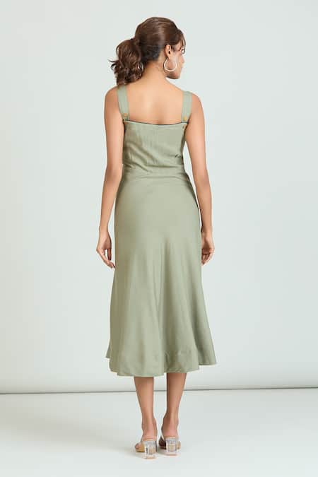 Shop_Naintara Bajaj_Green Linen Square Neck Side Wooden Button Pastel Dress _at_Aza_Fashions