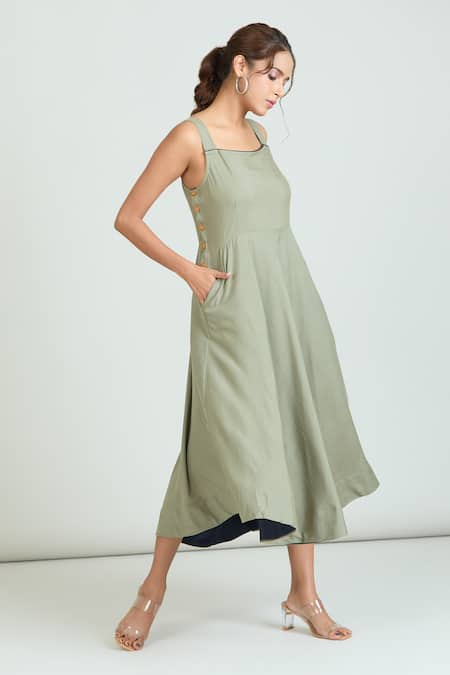 Naintara Bajaj_Green Linen Square Neck Side Wooden Button Pastel Dress _Online_at_Aza_Fashions