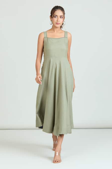 Buy_Naintara Bajaj_Green Linen Square Neck Side Wooden Button Pastel Dress _Online_at_Aza_Fashions