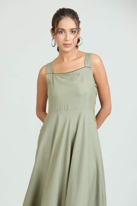 Shop_Naintara Bajaj_Green Linen Square Neck Side Wooden Button Pastel Dress _Online_at_Aza_Fashions
