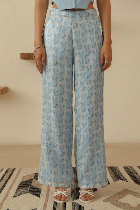 Muvazo_Sky Blue Silk Organza, Polyester, Chitra Soochi Abstract Print Shirt Pant Set _Online_at_Aza_Fashions