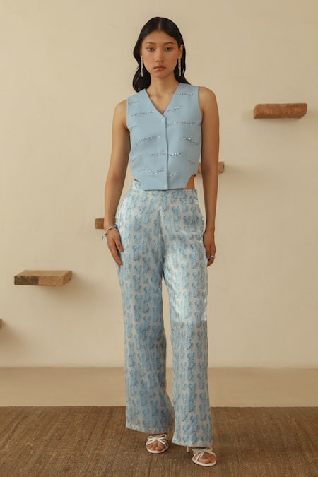 Buy_Muvazo_Sky Blue Silk Organza, Polyester, Chitra Soochi Abstract Print Shirt Pant Set _Online_at_Aza_Fashions