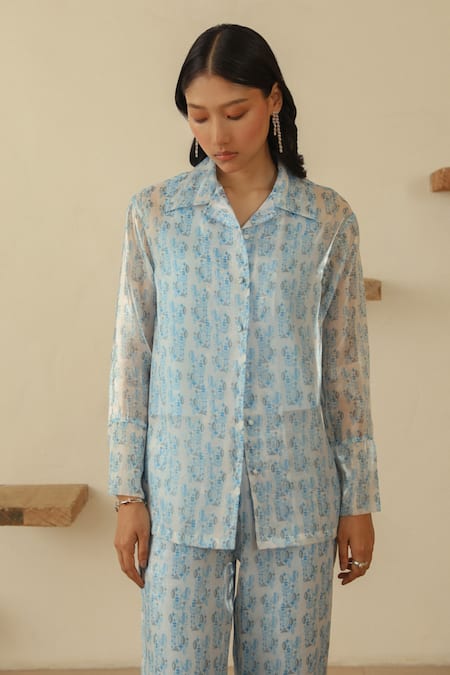 Shop_Muvazo_Sky Blue Silk Organza, Polyester, Chitra Soochi Abstract Print Shirt Pant Set _Online_at_Aza_Fashions