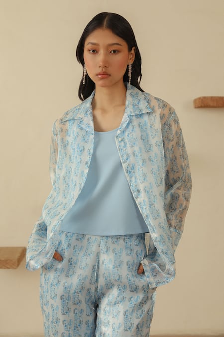 Muvazo_Sky Blue Silk Organza, Polyester, Chitra Soochi Abstract Print Shirt Pant Set _at_Aza_Fashions