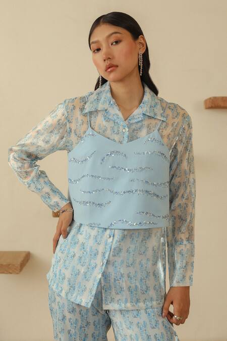 Buy_Muvazo_Sky Blue Silk Organza, Polyester, Chitra Soochi Abstract Print Shirt Pant Set 