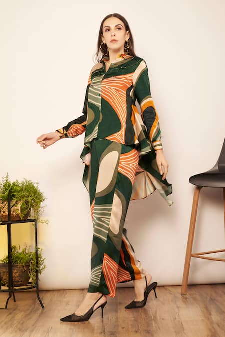 Shop Babita Malkani Green Satin Embroidery Collared Swerve Print High Low Shirt at Aza Fashions Shop_Babita Malkani_Green Satin Embroidery Collared Swerve Print High Low Shirt _at_Aza_Fashions