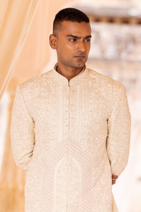 Buy Amit Arora Cream Silk, Cotton Embroidery Mughal Bloom Sherwani Set Online at Aza Fashions Buy_Amit Arora_Cream Silk, Cotton Embroidery Mughal Bloom Sherwani Set _Online_at_Aza_Fashions