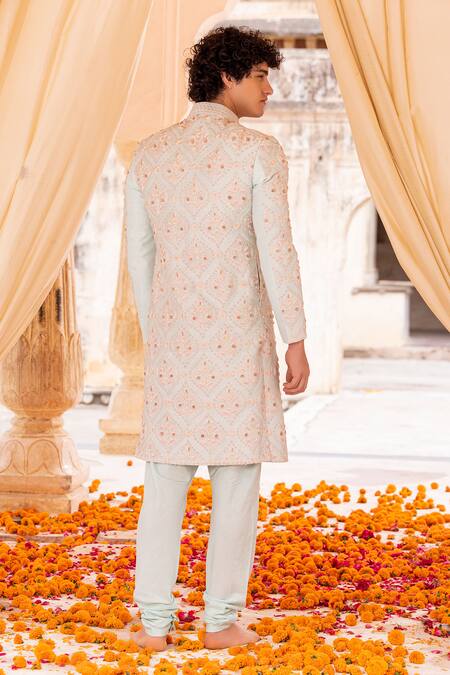 Shop Amit Arora Blue Silk, Satin, Embroidery Phool Bahar Sherwani Set at Aza Fashions Shop_Amit Arora_Blue Silk, Satin, Embroidery Phool Bahar Sherwani Set _at_Aza_Fashions