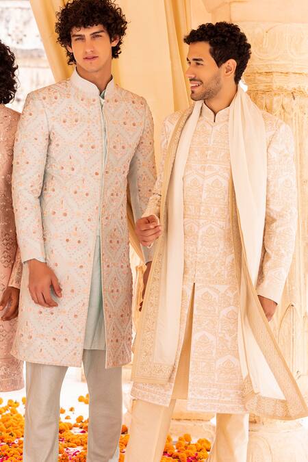 Amit Arora Blue Silk, Satin, Embroidery Phool Bahar Sherwani Set Online at Aza Fashions Amit Arora_Blue Silk, Satin, Embroidery Phool Bahar Sherwani Set _Online_at_Aza_Fashions