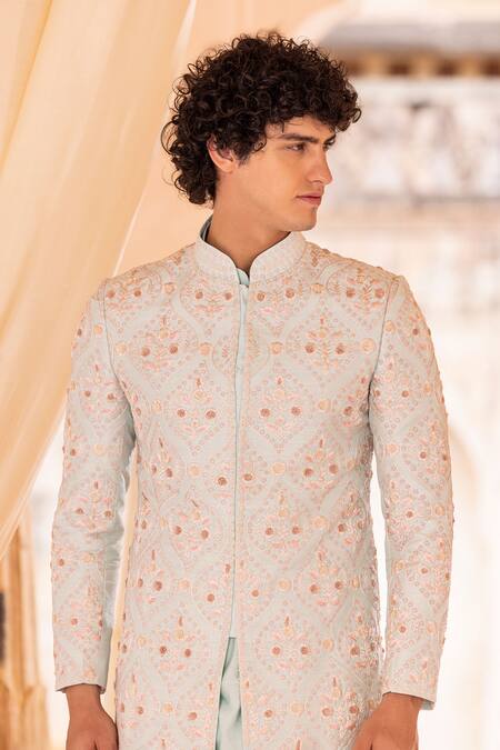 Buy Amit Arora Blue Silk, Satin, Embroidery Phool Bahar Sherwani Set Online at Aza Fashions Buy_Amit Arora_Blue Silk, Satin, Embroidery Phool Bahar Sherwani Set _Online_at_Aza_Fashions