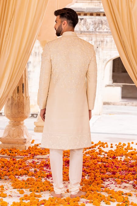 Shop Amit Arora Cream Silk, Cotton Embroidery Florin Bahar Sherwani Set at Aza Fashions Shop_Amit Arora_Cream Silk, Cotton Embroidery Florin Bahar Sherwani Set _at_Aza_Fashions