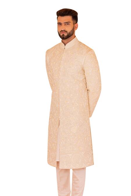 Amit Arora Cream Silk, Cotton Embroidery Florin Bahar Sherwani Set Online at Aza Fashions Amit Arora_Cream Silk, Cotton Embroidery Florin Bahar Sherwani Set _Online_at_Aza_Fashions