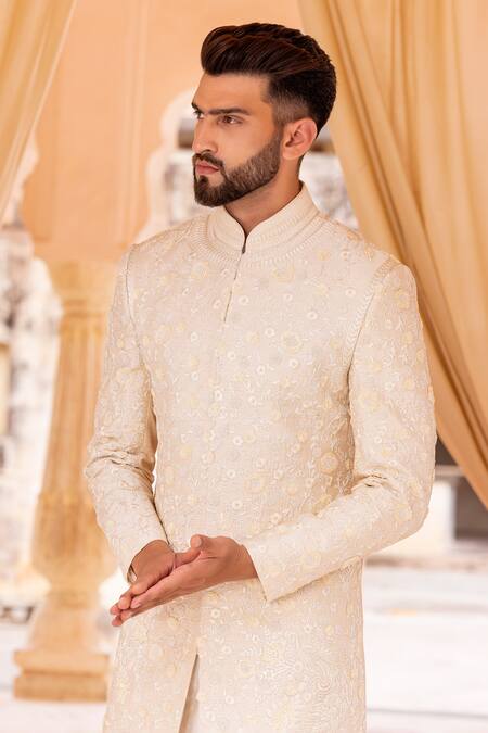 Shop Amit Arora Cream Silk, Cotton Embroidery Florin Bahar Sherwani Set Online at Aza Fashions Shop_Amit Arora_Cream Silk, Cotton Embroidery Florin Bahar Sherwani Set _Online_at_Aza_Fashions