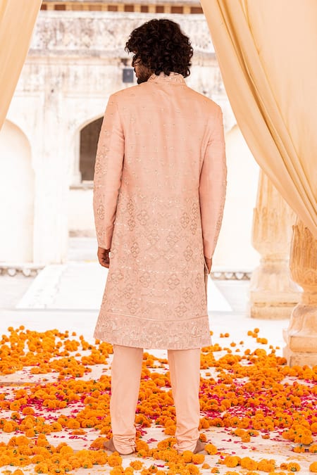 Shop Amit Arora Pink Silk, Cotton Embroidery Folklore Sherwani Set at Aza Fashions Shop_Amit Arora_Pink Silk, Cotton Embroidery Folklore Sherwani Set _at_Aza_Fashions