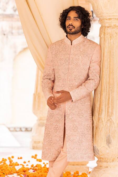 Amit Arora Pink Silk, Cotton Embroidery Folklore Sherwani Set Online at Aza Fashions Amit Arora_Pink Silk, Cotton Embroidery Folklore Sherwani Set _Online_at_Aza_Fashions