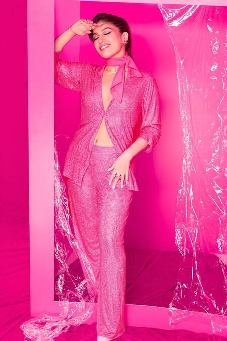 Itrh_Pink Net Embellished Stone Lapel Collar Shirt With Pant _Online_at_Aza_Fashions