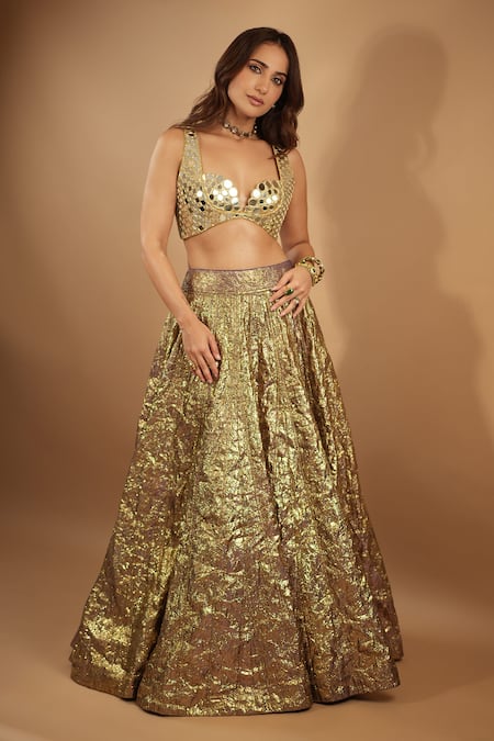 Shop_Itrh_Purple Lace, Lurex Mirrors Sweetheart Neck Textured Stripe Lehenga With Blouse _at_Aza_Fashions