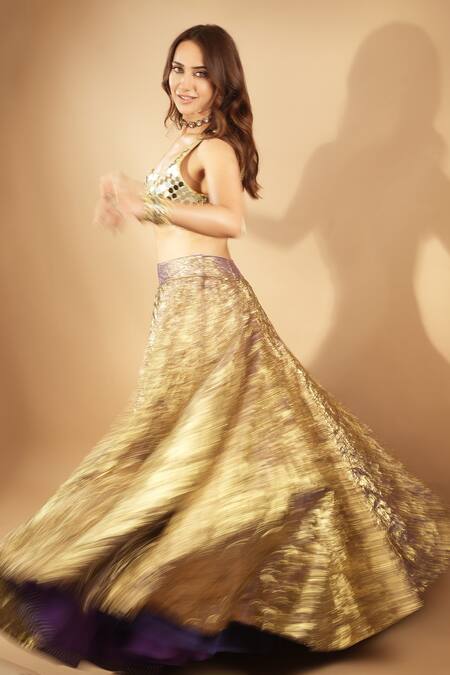 Shop_Itrh_Purple Lace, Lurex Mirrors Sweetheart Neck Textured Stripe Lehenga With Blouse 