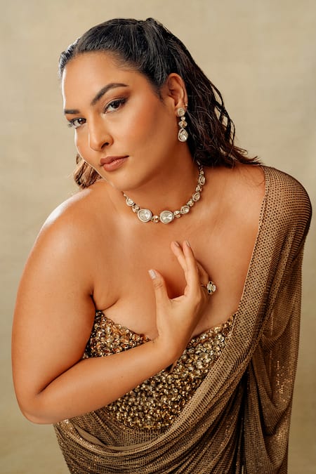 Shop_Itrh_Gold Net Crystals, Stones, Embroidery Embellished Pre-stitched Saree With Corset 