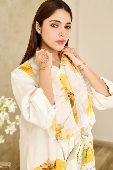 Rainas Beige Chiffon, Cotton, Linen Tassels Collared Sunflower Print Shirt Pant Set Online at Aza Fashions Rainas_Beige Chiffon, Cotton, Linen Tassels Collared Sunflower Print Shirt Pant Set_Online_at_Aza_Fashions