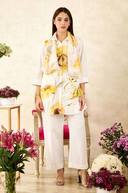 Shop Rainas Beige Chiffon, Cotton, Linen Tassels Collared Sunflower Print Shirt Pant Set Online at Aza Fashions Shop_Rainas_Beige Chiffon, Cotton, Linen Tassels Collared Sunflower Print Shirt Pant Set_Online_at_Aza_Fashions